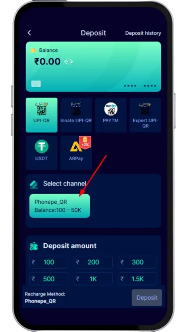 select payment channel to deposit